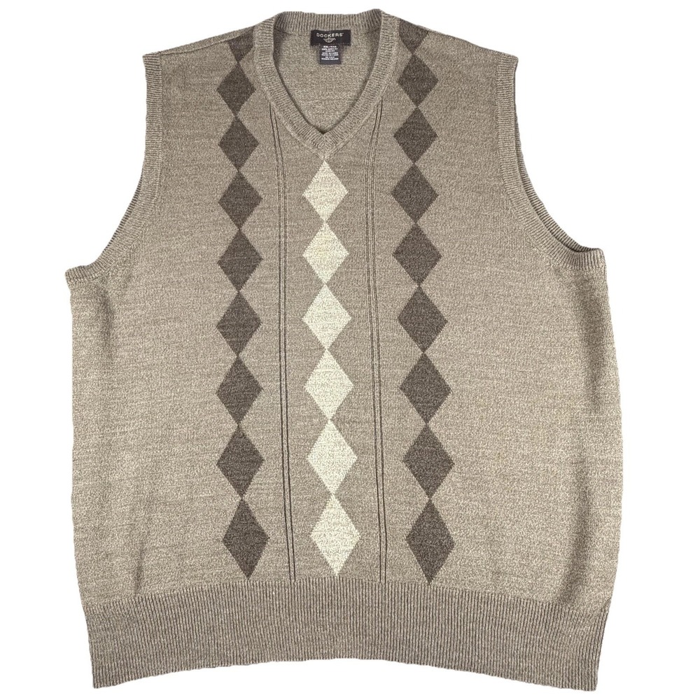 Dockers Sweater Vest Mens 2XL Beige Argyle Knit V Neck Pullover Casual